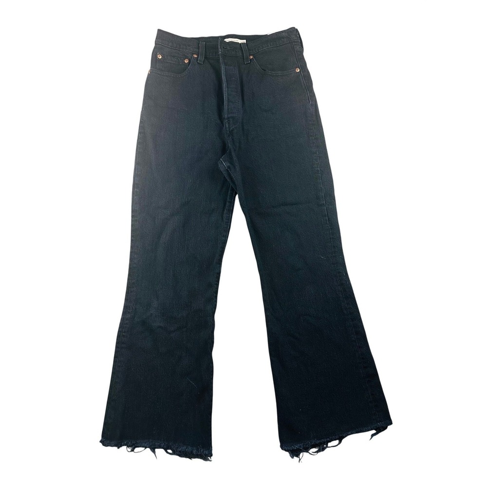 Levis Premium Jeans Women 29 Black Ribcage Crop Flare High Rise Raw Hem Festival